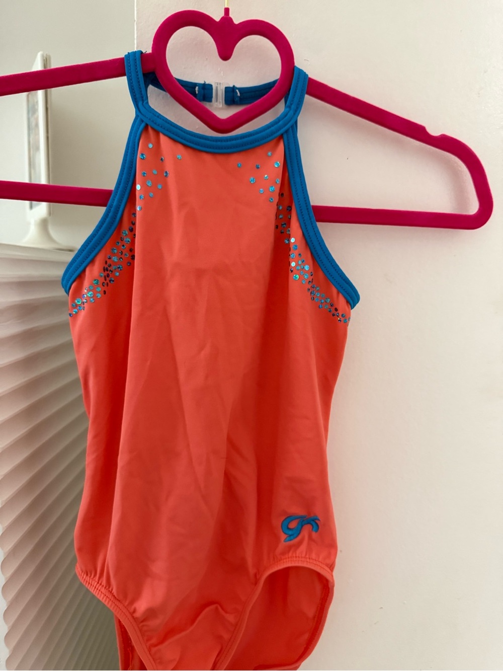 GK Coral Gymnastics leotard Blue Trim and Sparkle Accents